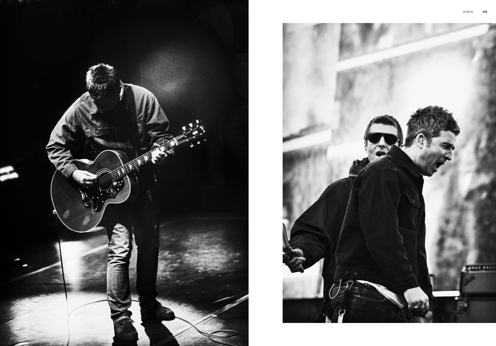 The black and white diptych shows Noel Gallagher playing acoustic guitar on the left, and a shot of Liam and Noel shouting on stage on the right.