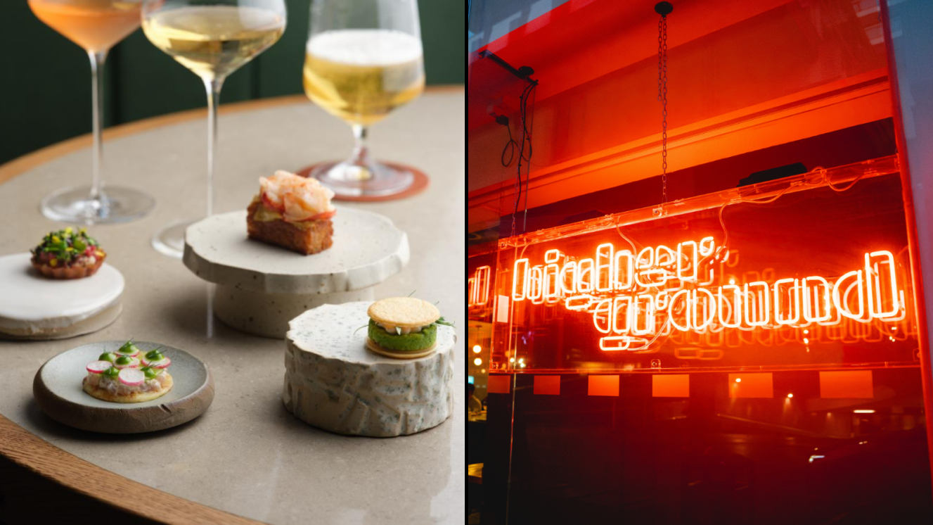 A collage of cocktails and appetizers on the table, and a neon sign in the window of the restaurant.