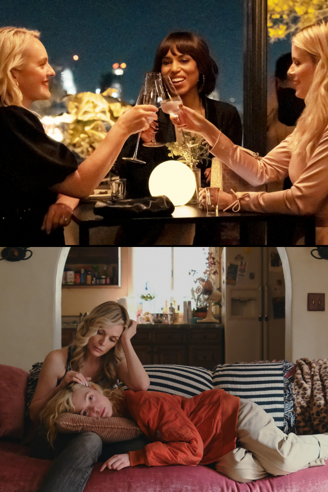 A collage of three women toasting at a bar and two women relaxing on the couch.