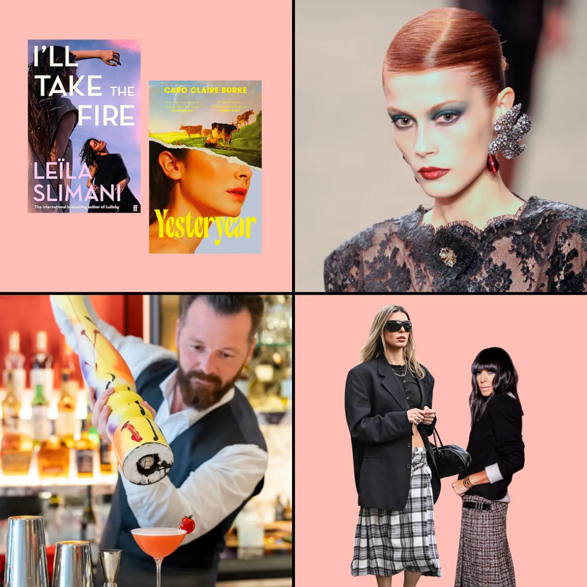 A collage of two book covers, a model on the runway, a bartender and two women in dresses.