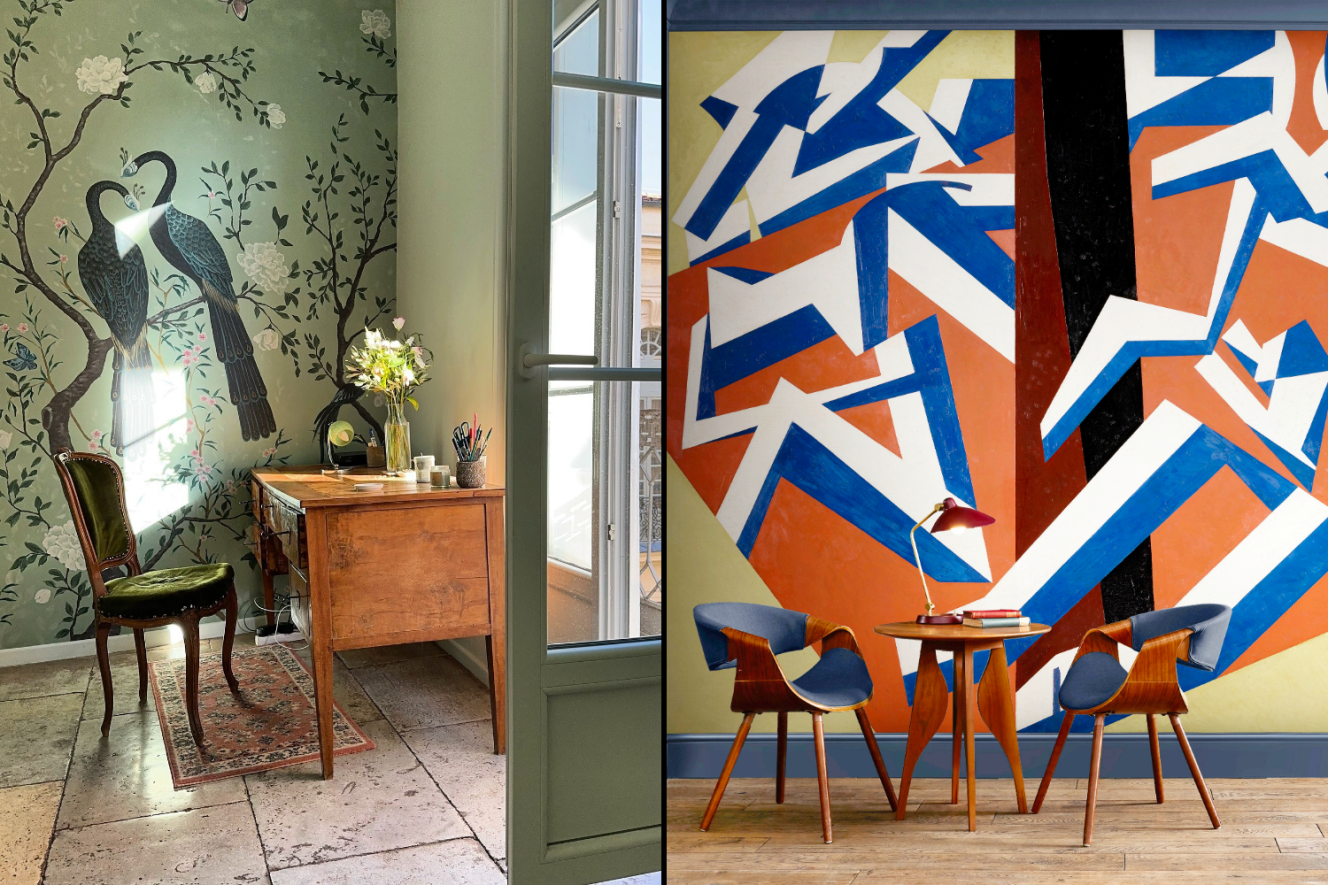 A collage of two rooms with different decorations, one with green bird wallpaper and a wooden desk, the other with artistic wallpaper and two modern chairs.