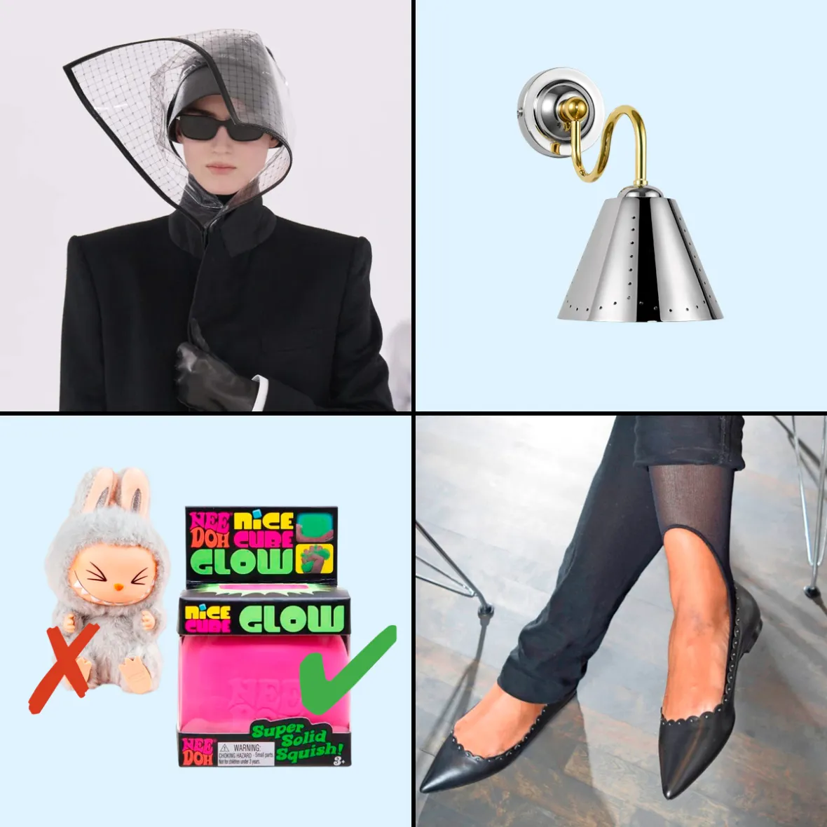 Model collage with black dress and net curtain, wall sconce, a "NeeDoh Glory" a squish toy, and human feet in black flats.