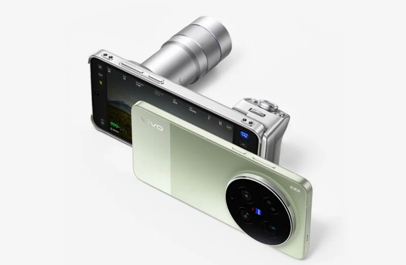 Two smartphones are shown, one with a camera lens connector and photo settings on its screen, and the other with a bright green back and a large camera module. Both are shown on a white background.