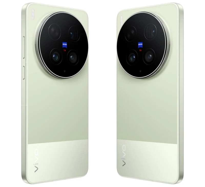 The two light green Vivo smartphones are shown standing upright, back to front, displaying large circular modules with four lenses and the Zeiss logo on the top and "Vivo" logo in the lower left corner.