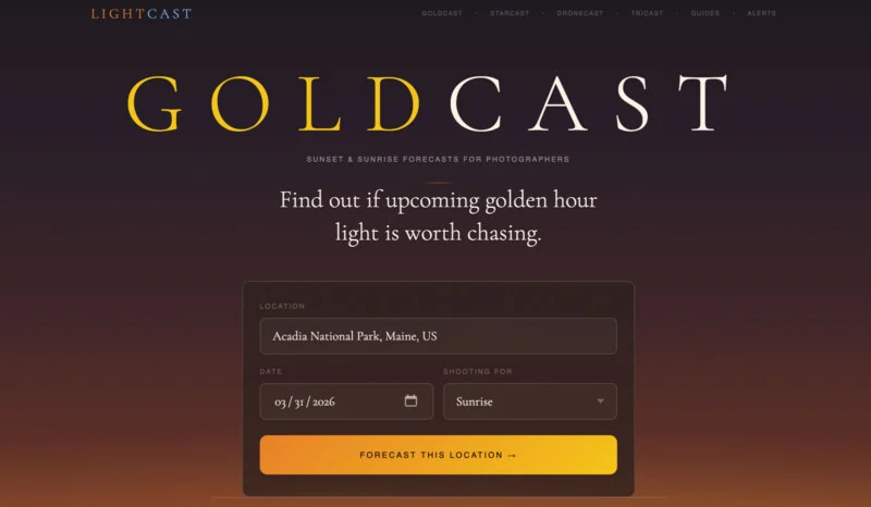 A website called Lightcast displays "GOLD" with a tagline "International Day Forecast for Photographers." The form allows users to select a location, date, and sunrise/sunset to predict golden hour conditions.