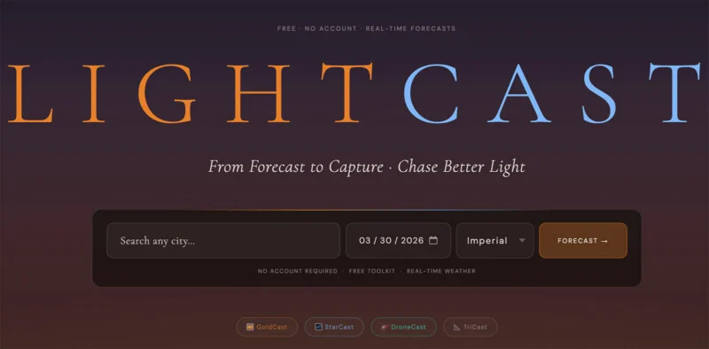 An image of the LIGHTCAST home page, with a dark, large background "THE SERVANT" title, search field for city and date, and orange "Prophecy" button for real-time light predictions.