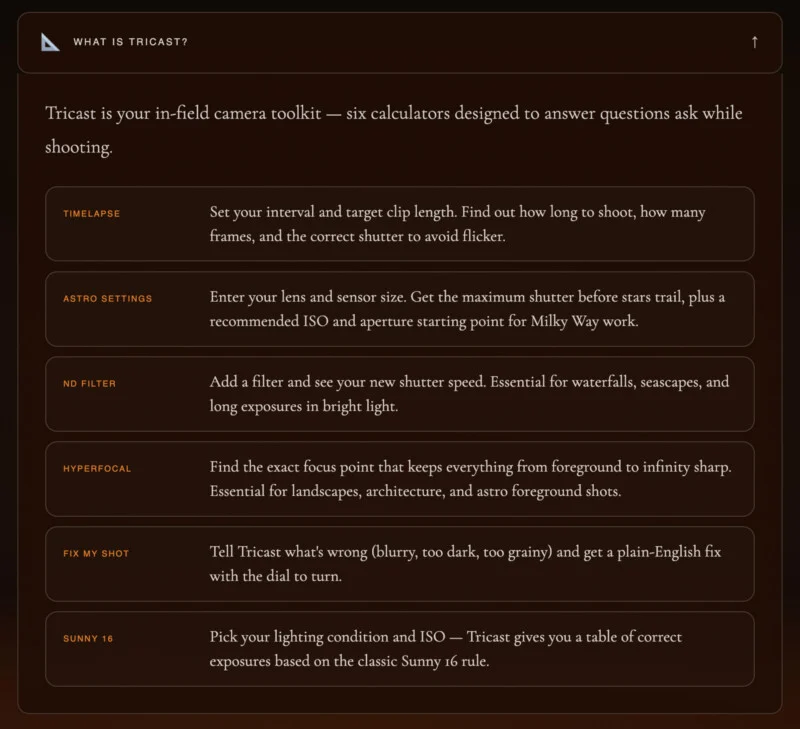 A screenshot of the dark format that describes the six camera calculators: TimeLapse, Astro Settings, ND Filter, Hyperfocal, Adjust My Shot, and Sunny 16, each with a brief description of its function.