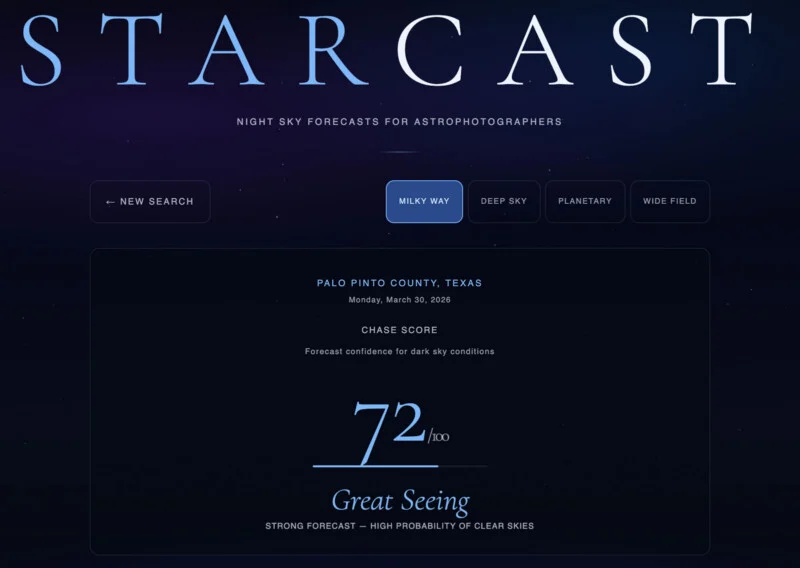 The night weather forecast feature for star photos shows the forecast of 
