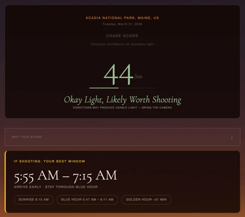 Sunrise photography preview at Acadia National Park, Maine, on March 31, 2026; chase score 44/100 by 