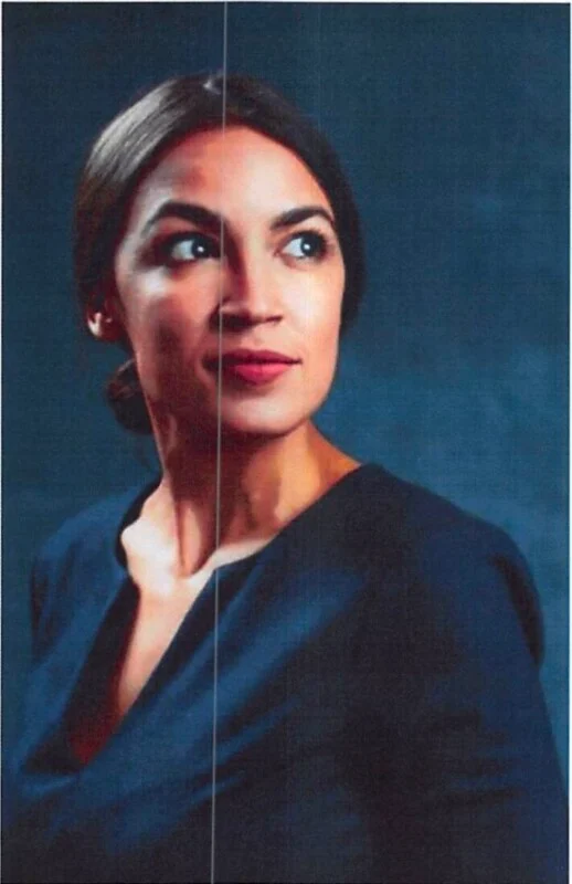 A black-haired woman pulled back, wearing a dark top, looks slightly to her left against a dark blue background. The image has a vertical line down the middle, indicating that it may be a scanned photograph.