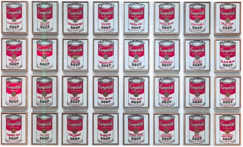 A poster of 32 Campbell's Soup cans, each labeled with a different flavor, arranged in four rows and eight columns against a white background. Holes are depicted in a pop art style.