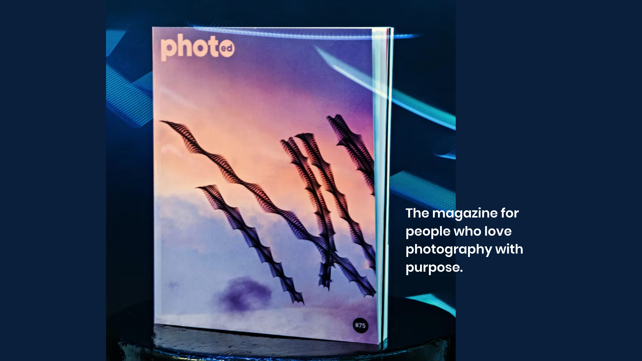 The cover of "photo ed" magazine, featuring abstract images with captions promoting purposeful photography. Announcement #75