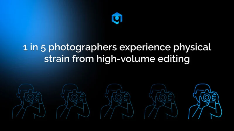The graphic is colored blue, and the text in white is readable "One in five listeners experience stress due to loud editing," and five illustrated figures of photographers, with the first image highlighted.