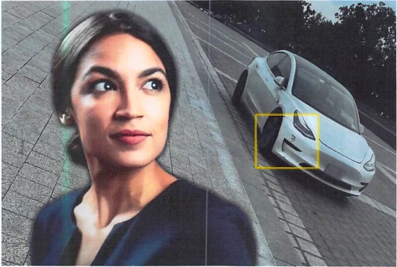 A dark-haired woman looks away as a white car is parked on the wrong side in the background. The front of the car is highlighted with a yellow rectangle.