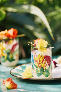rio farm x anthropologie juice glass, with tropical leaf and banana print