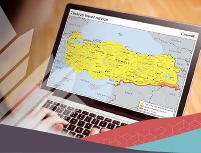 A laptop showing a colorful map of Turkey on the travel.gc.ca website. Logos: Voyage.gc.ca and Canadian logo. (CNW Group/World News Canada)