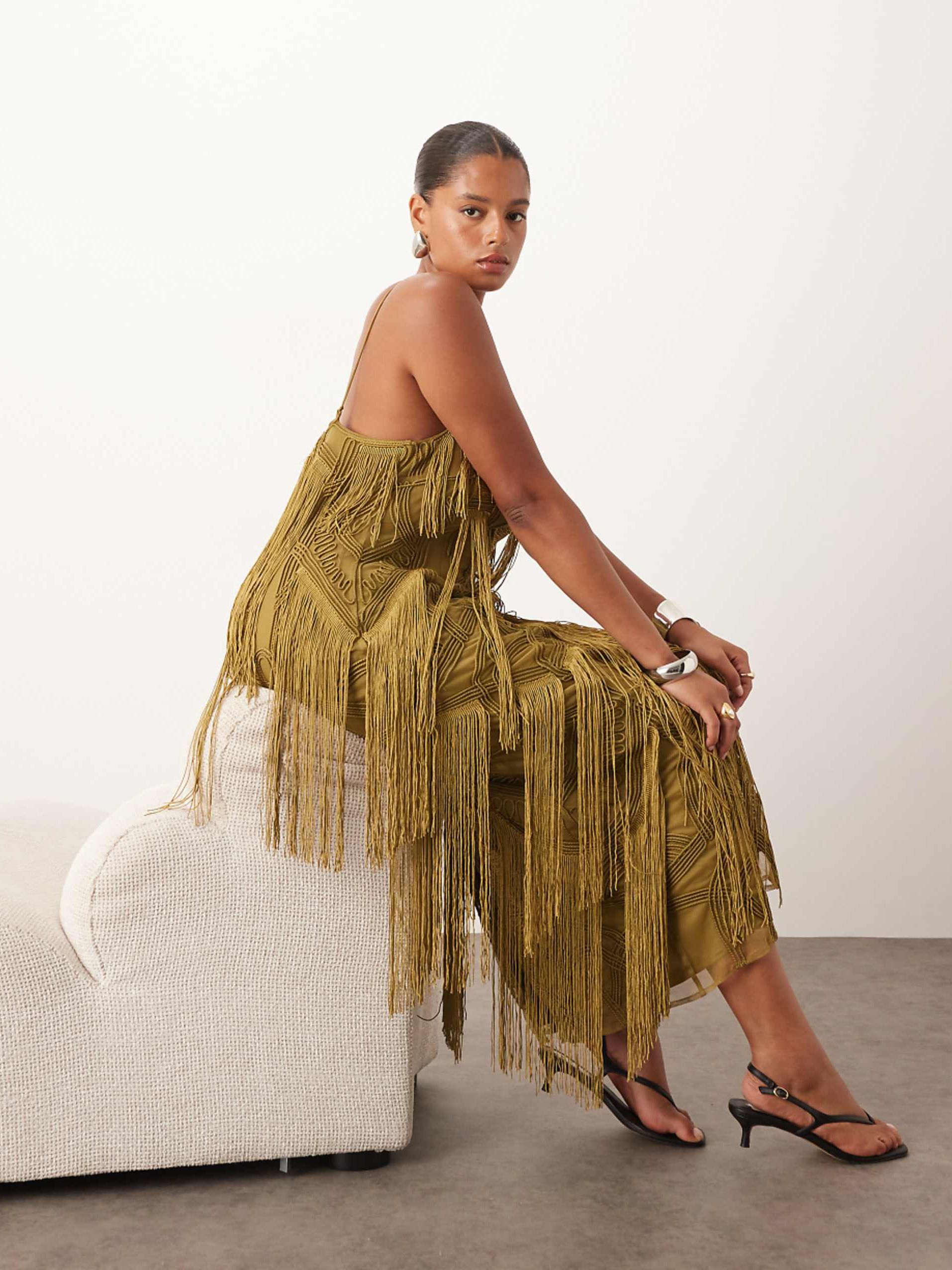 Customize Curve Geo Fringe Cami Column Maxi Dress in Moss Green