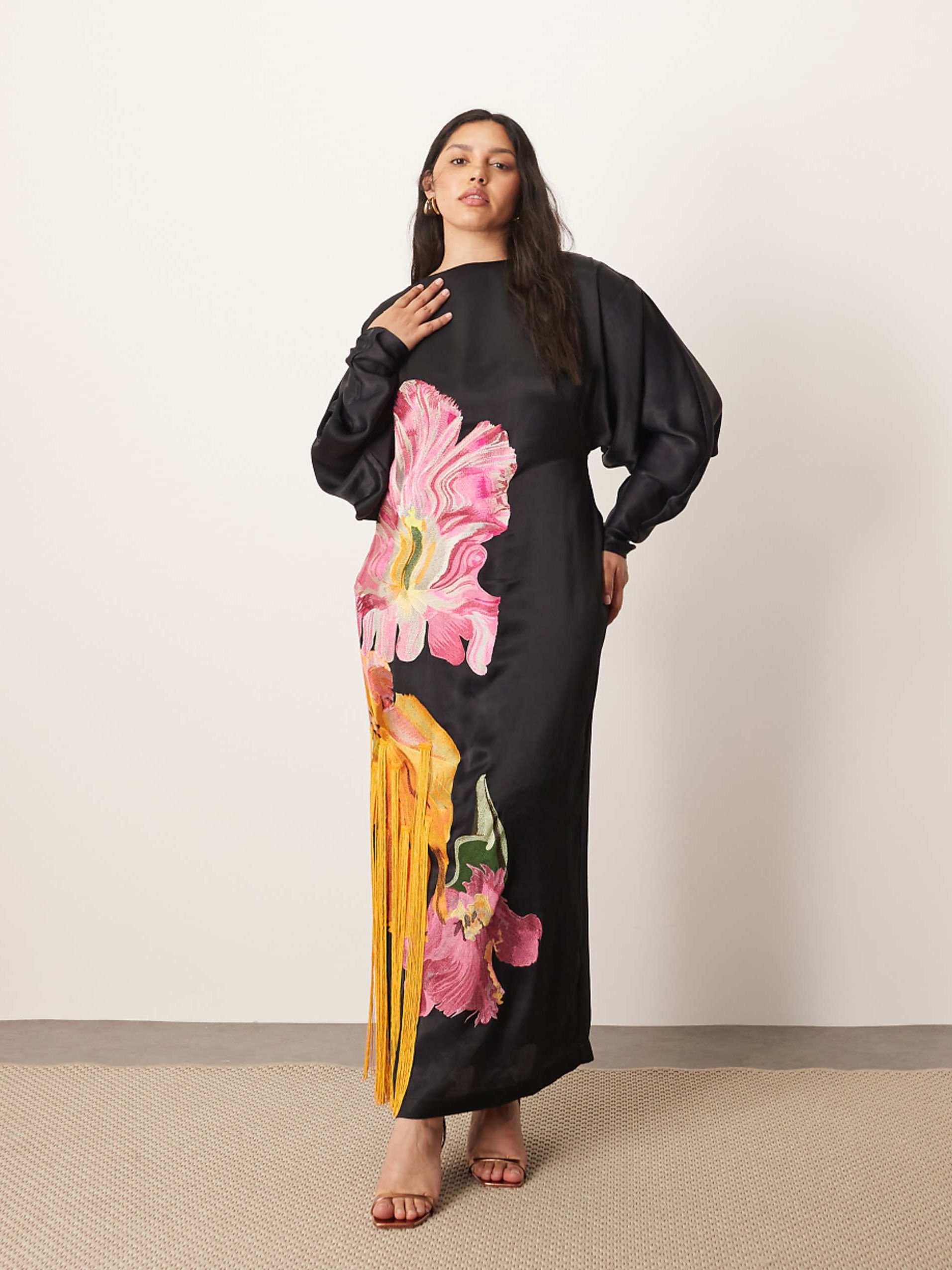 Prepare Curve Dripping Floral Embellished Off Shoulder High Back Open Back Maxi Dress Black