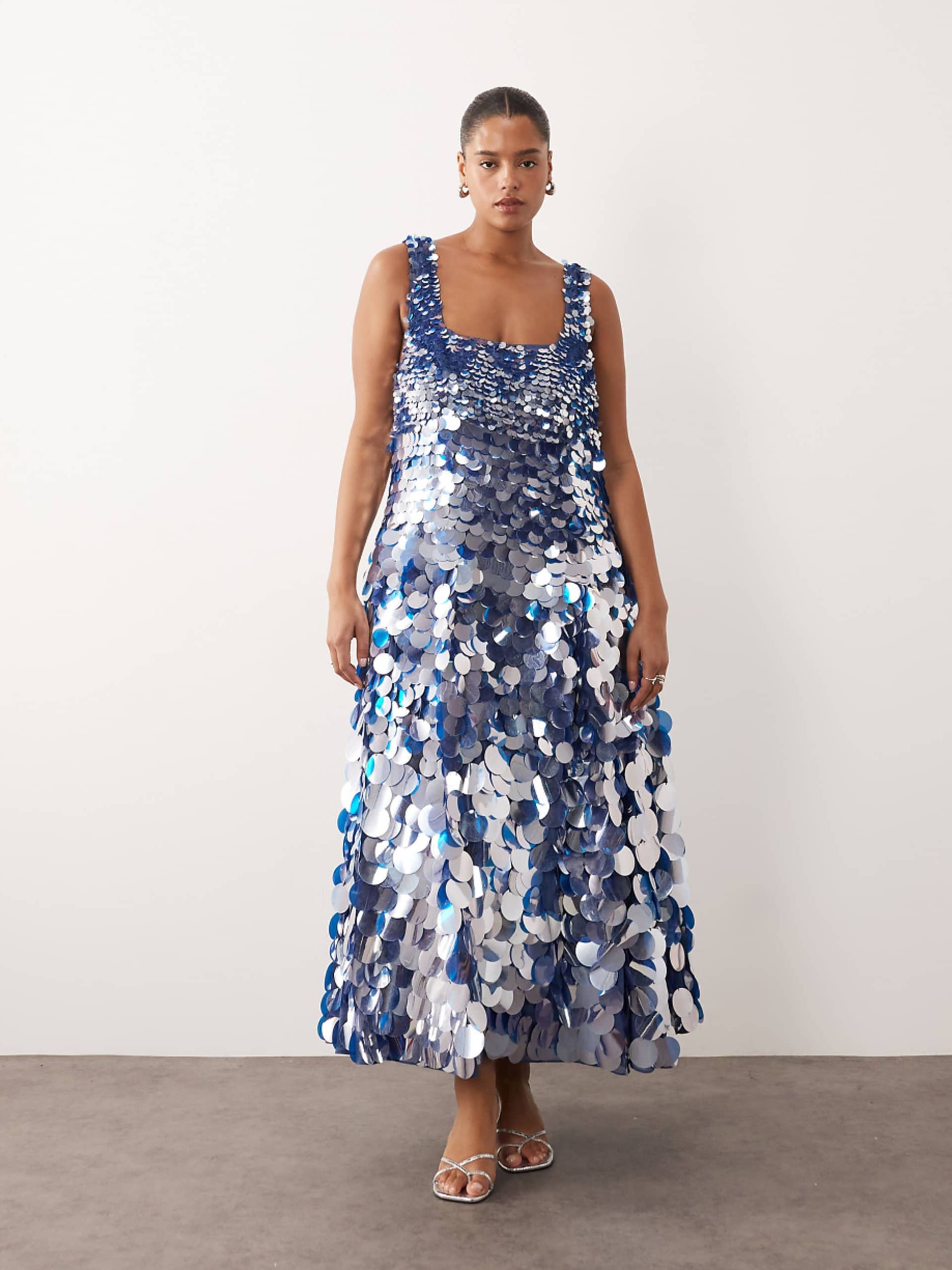 Customize Curve Embellished Disc Sequin Square Neck Full Skirt Midi Dress in Blue