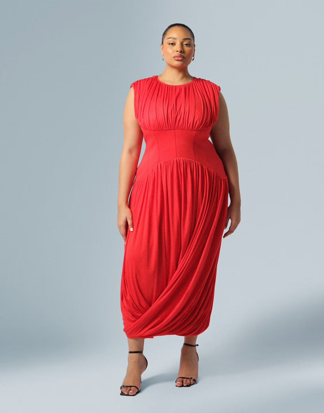 Ready, Curve Gathered Drape Maxi Dress With Cinched Waist In Red