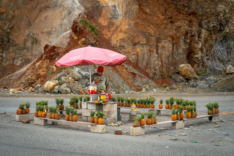 A street vendor stands under a pink umbrella selling pineapples neatly arranged on square concrete blocks, with a hill and rocks in the background.