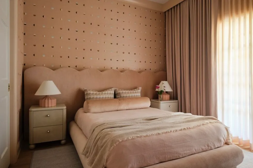 A cozy beige bedroom with a patterned wall, a comfortable bed, and soft lighting from large curtains.