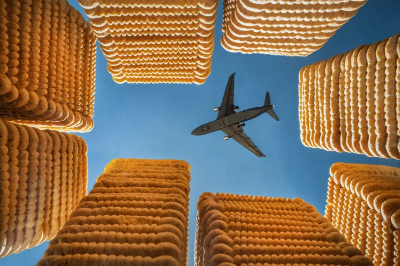 An airplane flies overhead, made up of tall square cakes, patterned, against the clear blue sky below.