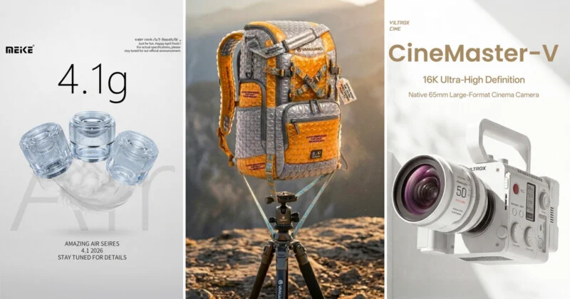 Three posters: on the left show small, clearly labeled camera lens adapters "4.1g" in a word "The wind"; in the center is a colorful quilted backpack on a tripod outside; right shows the white CineMaster-V 16K cinema camera.
