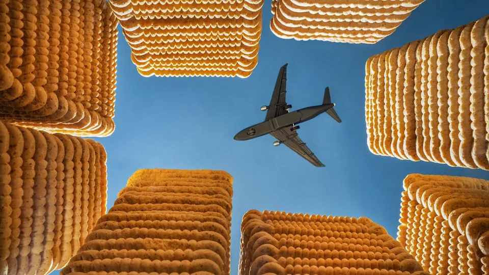 The plane flies high in the blue sky, framed by tall skyscraper-like columns.