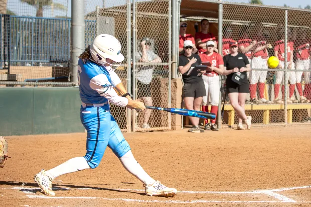 CSU Monterey Bay senior outfielder Ellie Escalante, a Soquel High alumna, is hitting .375 through 33 games for the nationally ranked Otters. (image mtb.fastpitch)